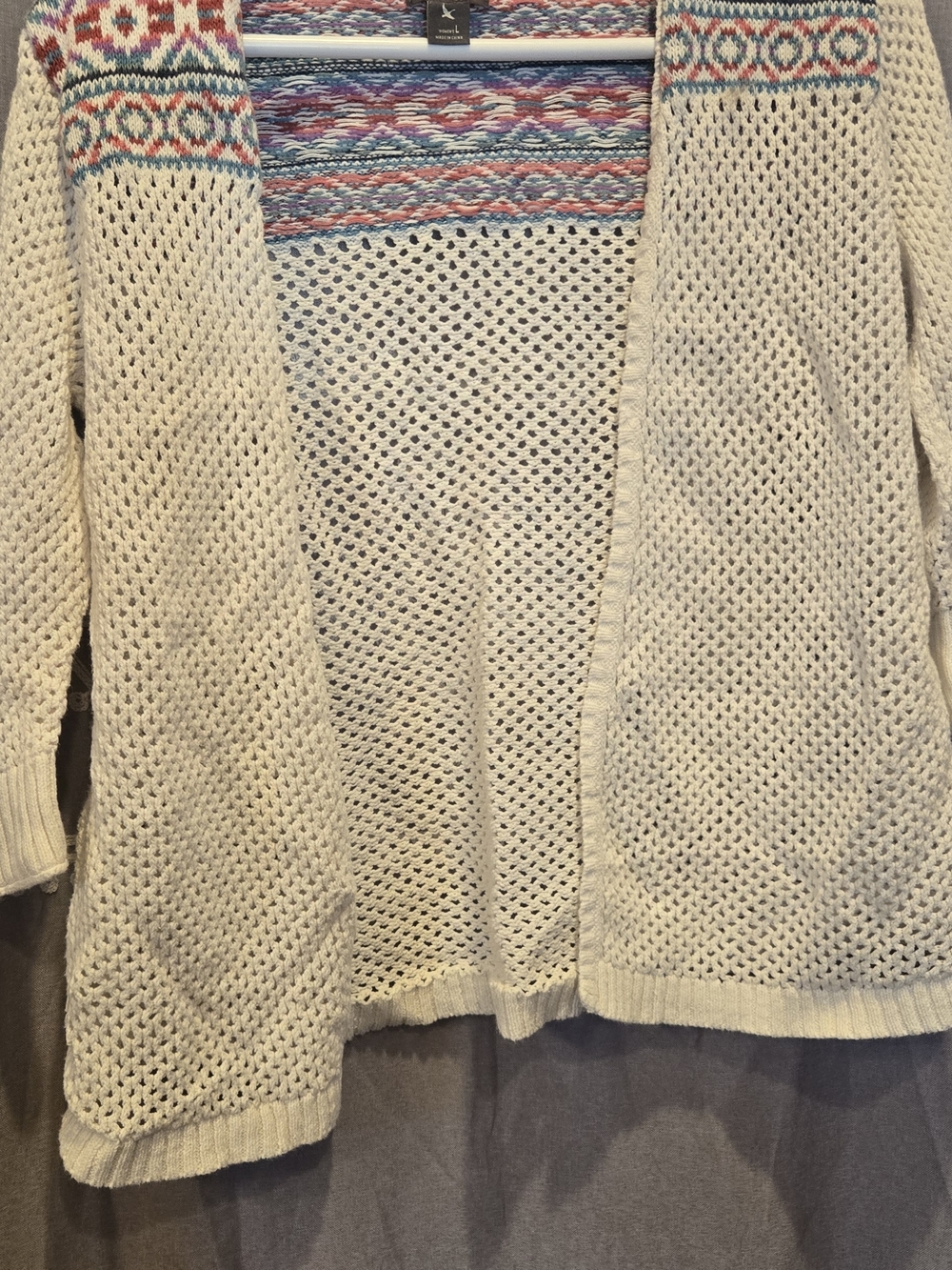 Eddie Bauer White Open-Knit Cardigan with Multicolor Fair Isle Yoke